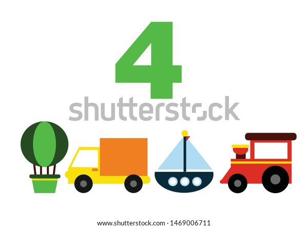 numbers for children with examples.\
Kids learning material. Card for learning numbers. Number 4.\
children\'s cartoon cars, ships, balloon,\
airplane