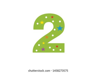 numbers for children. Kids learning material. Card for learning numbers. Number 2. colored numbers in white dots and stars