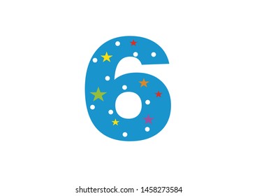 numbers for children. Kids learning material. Card for learning numbers. Number 6. colored numbers in white dots and stars