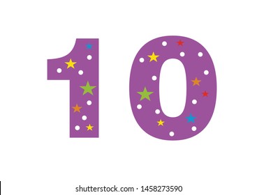 numbers for children. Kids learning material. Card for learning numbers. Number 10. colored numbers in white dots and stars