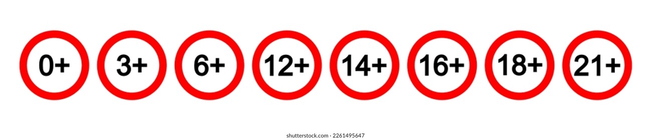 Numbers in circles with plus sign isolated on white background. Age censor symbol. Movie viewing or website visiting age limit marking. Kids allowed or adult only concept. Vector illustration