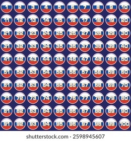 Numbers in circles with Russian flag colors, chart 1 to 100 white blue red, lines