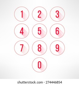 Numbers in circles set in modern flat design. Digits with long shadows. Vector illustration.