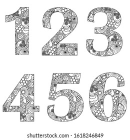 Numbers in collage style set of black and white Doodle hearts, coloring, white background, vector