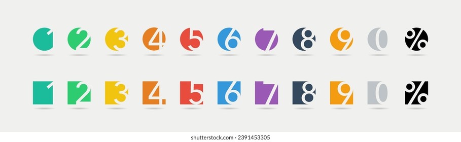 Numbers. Collection round and square number icons. Colorful Numbers with percentage. Numbers from 1 to 0 with percentage. Colorful isolated font in modern design