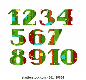 Numbers, color, paint and stain, vector. Vector numerals with serif. Colored splashes of paint on a green brown background. Simulation. 