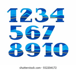 Numbers, color, waves, vector. Colored, flat figures with serifs. Blue, Aqua. The wavy lines. 