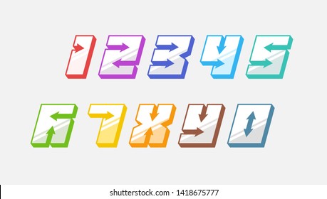 Numbers colourful set in 3d italic vintage style with arrows in speedy design trendy typography consisiting of 1 2 3 4 5 6 7 8 9 0 for poster or greeting card. Vector modern font