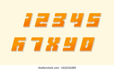 Numbers colourful set in 3d italic vintage style with arrows in speedy trendy typography consisiting of 1 2 3 4 5 6 7 8 9 0 for poster design or greeting card. Vector modern font