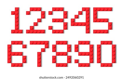 Numbers composed of red plastic brick toy blocks on white background. Building bricks font. Vector background illustration