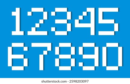 Numbers composed of simple white rectangles on a blue background. Building bricks font. Vector background illustration