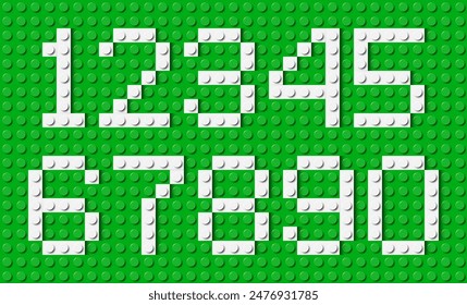 Numbers composed of white plastic brick toy blocks on green construction plate. Building bricks font. Vector background illustration