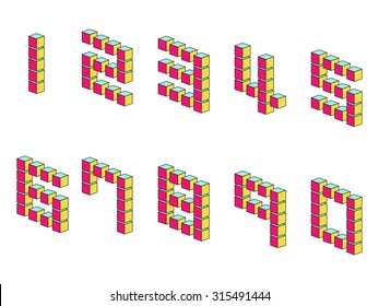Numbers consisted of  three-dimensional cubes in pink, yellow and blue colors.