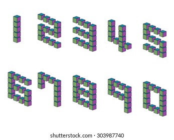 Numbers consisted of  three-dimensional cubes in purple, green and blue colors.