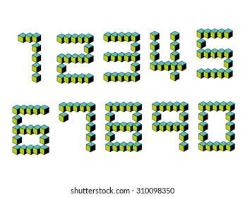 Numbers consisted of  three-dimensional cubes in red, green and blue colors.