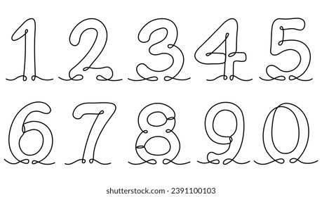 Numbers continuous one line art drawn. Arabic numerals symbols linear set. Counting signs collection. Hand drawn vector illustration isolated on white. Not AI.