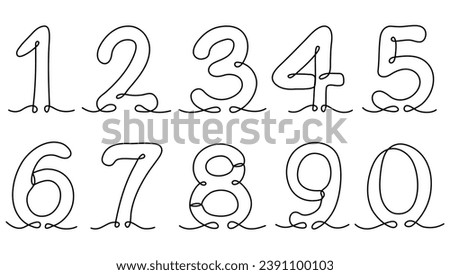 Numbers continuous one line art drawn. Arabic numerals symbols linear set. Counting signs collection. Hand drawn vector illustration isolated on white. Not AI.