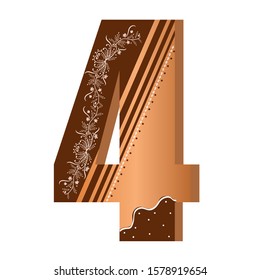 Numbers cookies chocolate vector - number 4 with flowers, leaves holidays and ornaments. Illustration cookies numbers