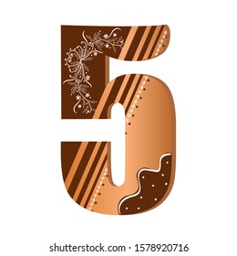 Numbers cookies chocolate vector - number 5 with flowers, leaves holidays and ornaments. Illustration cookies numbers