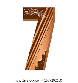 Numbers cookies chocolate vector - number 7 with flowers, leaves holidays and ornaments. Illustration cookies numbers