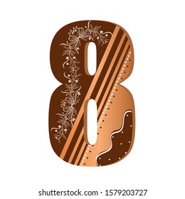 Numbers cookies chocolate vector - number 8 with flowers, leaves holidays and ornaments. Illustration cookies numbers