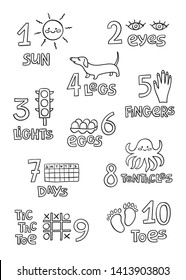 Numbers and counting practice printable poster, worksheet for pre school, kindergarten kids. Contour   numbers flashcard for kids learning to count, coloring sheet.