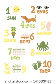 Numbers and counting practice printable poster, worksheet for pre school, kindergarten kids. Colorful   numbers flashcard for kids learning to count.