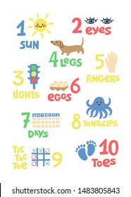 Numbers and counting practice printable poster, worksheet for pre school, kindergarten kids. Colorful numbers flashcard for kids.
