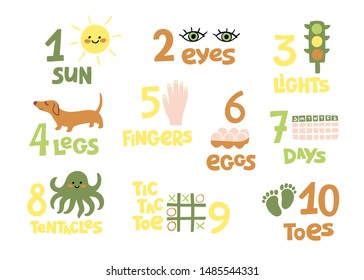 Numbers and counting practice printable poster, worksheet for pre school, kindergarten kids. Colorful numbers flashcard for counting learning.