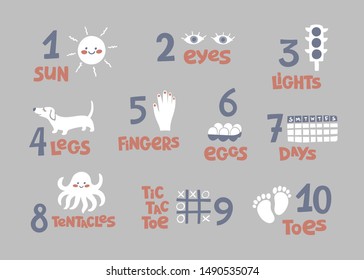 Numbers and counting practice printable poster, worksheet for pre school, kindergarten kids. Colorful numbers flashcard for kids.