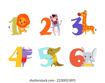 Numbers and cute animals set. Birthday anniversary numbers with lion, zebra, giraffe, hippo, crocodile, elephant cartoon vector illustration