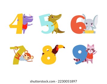 Numbers and cute animals set. Birthday anniversary numbers with hippo, crocodile, elephant, monkey, toucan, raccoon cartoon vector illustration