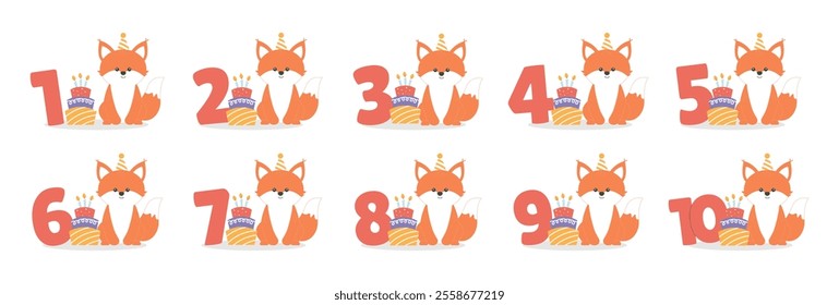 Numbers with cute fox character and cake vector set. Beautiful elements for Kids Birthday Party invitation, greeting card, poster, event, prints and cake toppers design