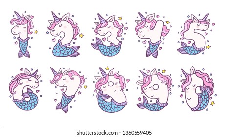 Numbers With Cute Mermaid Unicorns Character Vector Set. Beautiful cartoon element for Kids Birthday Party invitation, greeting card and cake toppers design.