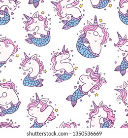 Numbers With Cute Mermaid Unicorns Seamless Pattern. Beautiful cartoon background for Kids Birthday Party invitation, greeting card and cake toppers design.