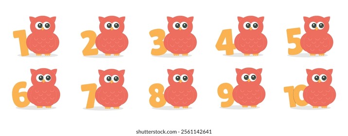 Numbers with cute owl character vector set. Beautiful elements for Kids Birthday Party invitation, greeting card, poster, event, prints and cake toppers design