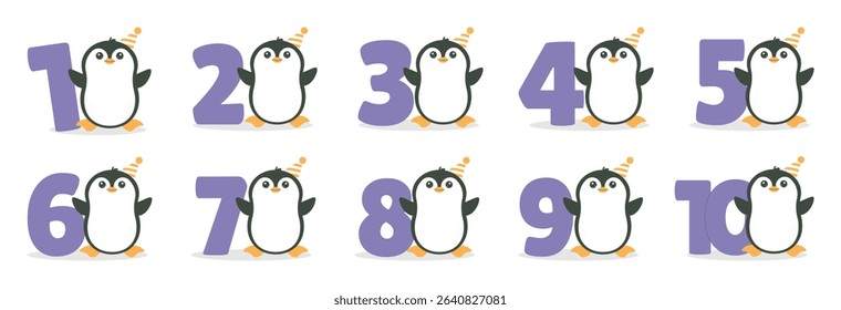Numbers and cute penguin character vector set. Beautiful elements for Kids Birthday Party invitation, greeting card, poster, event, prints and cake toppers design