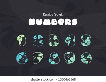 Numbers with cute planet style letters. Cartoon ABC stylized as night on Earth on chalk textured background. Font devoted to care for nature and ecology, Earth Day celebration and recycling.