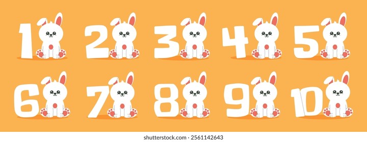 Numbers, cute rabbit character vector set. Beautiful elements for Kids Birthday Party invitation, greeting card, poster, event, prints and cake toppers design