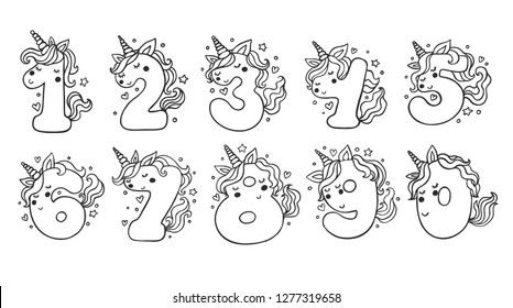 Numbers With Cute Unicorns Character Vector Set. Beautiful cartoon element for Kids Birthday Party invitation, greeting card and cake toppers design.