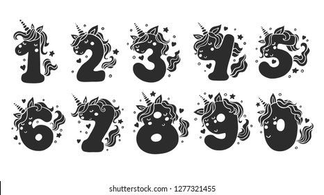 Numbers With Cute Unicorns Character Vector Set. Beautiful black cartoon element for kids birthday party invitation, greeting card and cake toppers design.