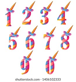 Numbers With Cute Unicorns Character Vector Set for Kids Birthday Party invitation, greeting card and cake toppers design.