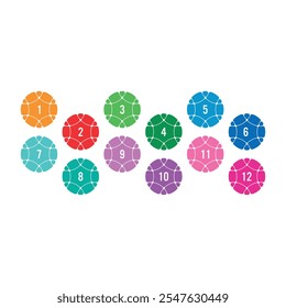 Numbers in dashed and colored circles. 1-12 numbers concept for education, business
