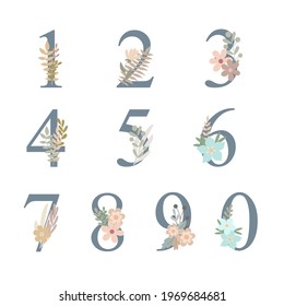 Numbers decorated with flowers, floral monogram vector illustration in simple boho style, flat pastel colored decorative lettering collection