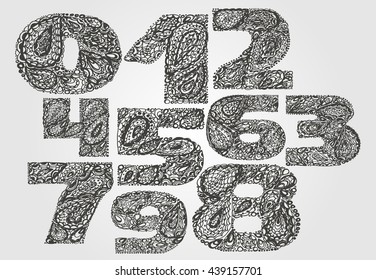 Numbers decorative set with a paisley zen doodle tattoo ornaments filling. Display numeric. Hand drawn graphic elements in old fashion vintage style. Used for quote lettering. 0 1 2 3 4 5 6 7 8 9