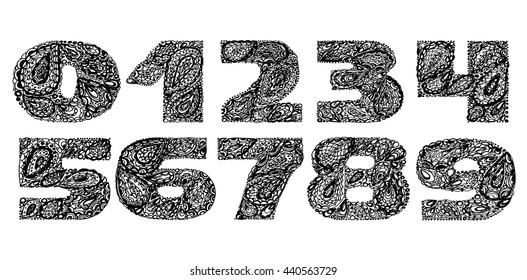 Numbers decorative set with a paisley zen doodle tattoo ornaments filling. Numbers set. Hand drawn graphic elements of numbers in old fashion vintage style. 1 2 3 4 5 6 7 8 9 0 numbers lettering.