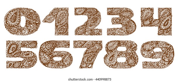 Numbers decorative set with a paisley zen doodle tattoo ornaments filling. Display numeric. Hand drawn graphic elements in old fashion vintage style. Used for quote lettering. Brown colors.