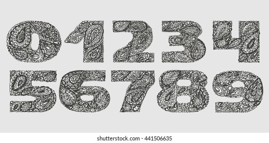 Numbers decorative set with a paisley zen doodle tattoo ornaments filling. Display numeric. Hand drawn graphic elements in old fashion vintage style. Used for quote lettering. Gray colors.
