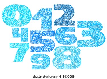 Numbers decorative set with a paisley zen doodle tattoo ornaments filling. Display numeric. Hand drawn graphic elements in old fashion vintage style. Used for quote lettering. Blue and pink colors.