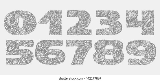 Numbers decorative set with a paisley zen doodle tattoo ornaments filling. Display numeric. Hand drawn graphic elements in old fashion vintage style. Used for quote lettering. Gray colors.